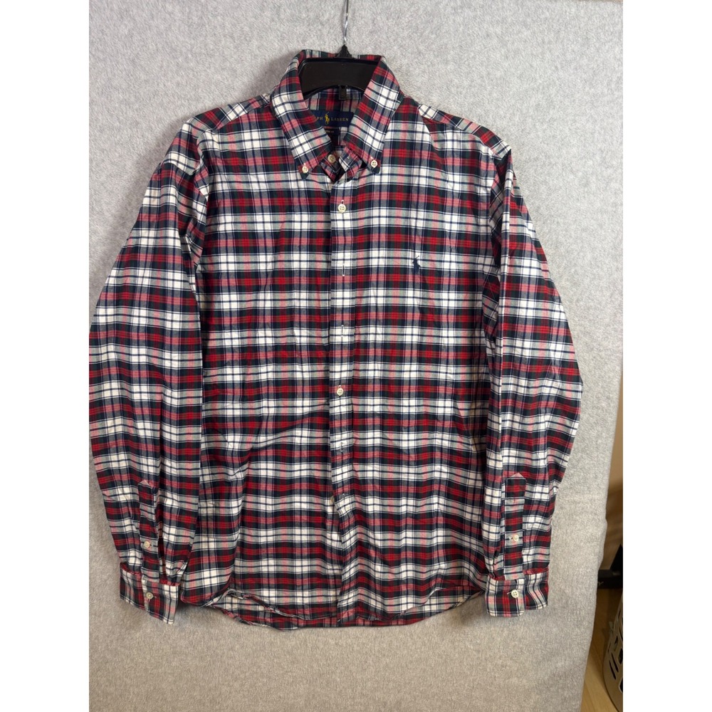 Polo Ralph Lauren Mens Custom Fit Plaid Button Down Shirt Red Navy Blue Large
